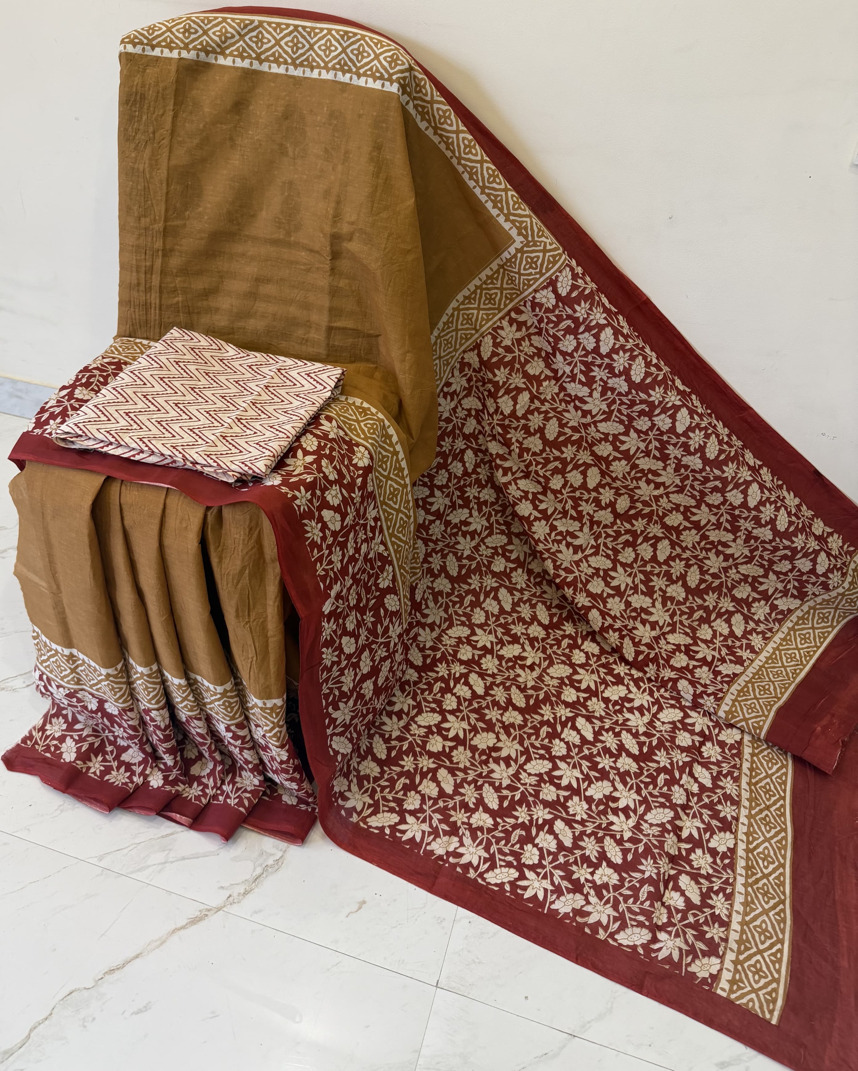 Cotton mulmul handblock printed saree wholesale in rust mustard Ajrakh design